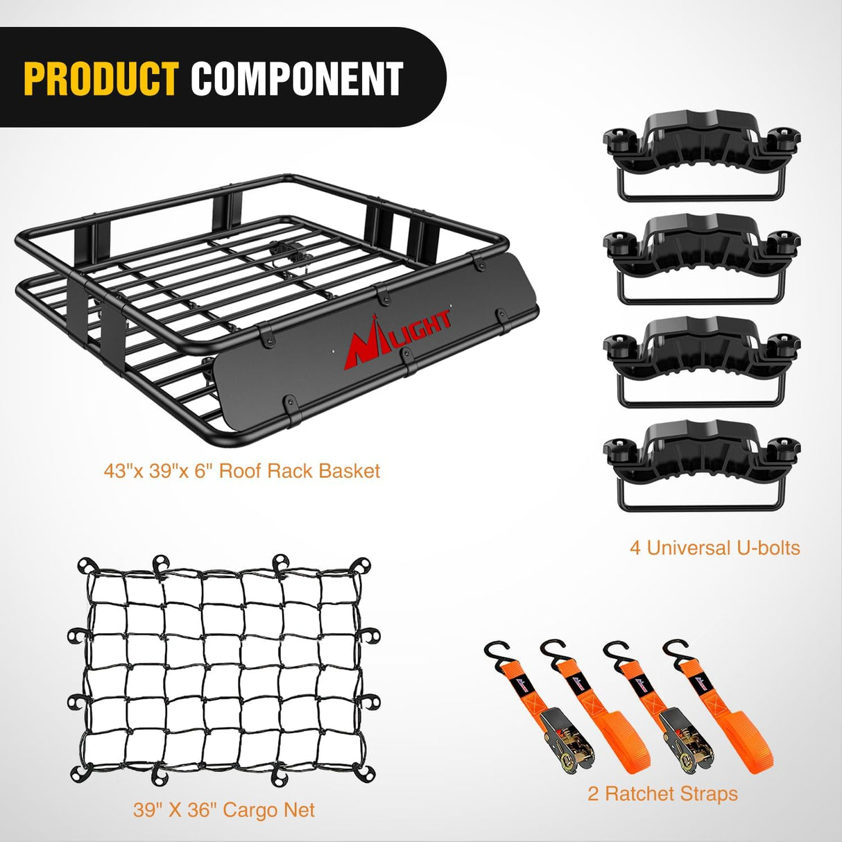 Universal Roof Rack Cargo Basket 43Inch x 39Inch x 6Inch With Cargo Net Ratchet Straps Luggage Holder Nilight