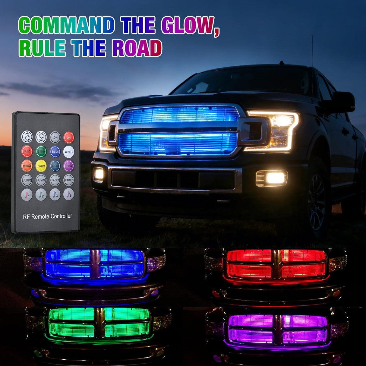 4PCS 12 Inch RGB LED Grille Light Strips with Wireless Remote Control | 72 LEDs Multi Color Exterior Lighting Kit DIY Sound Active Function Music Mode for Cars Van SUV Truck