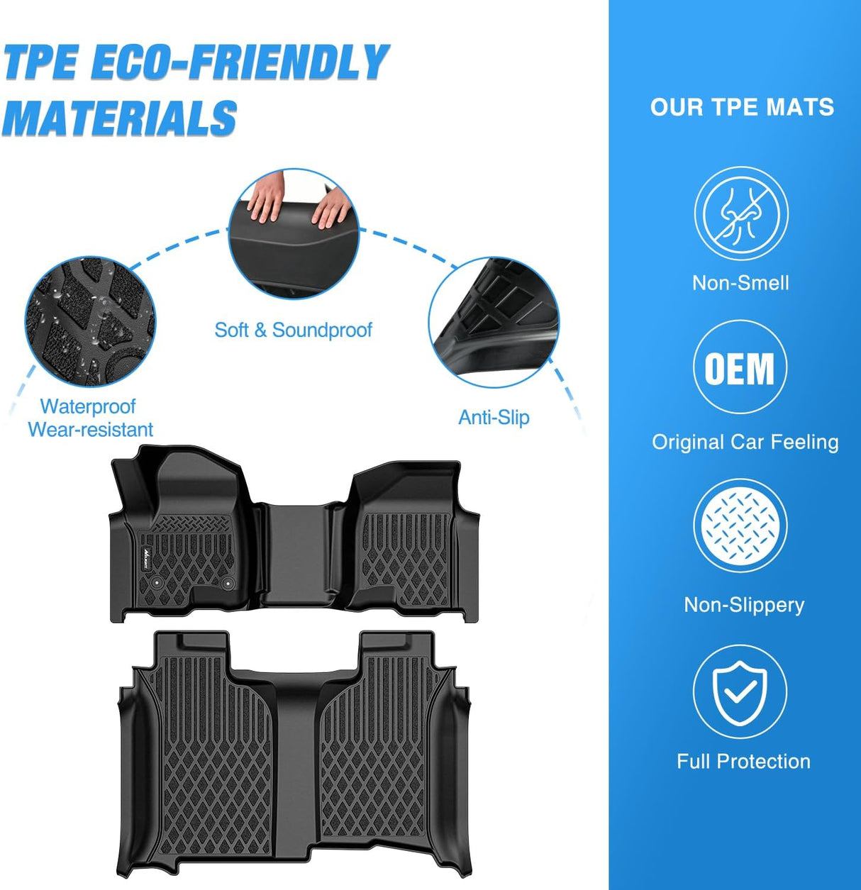 TPE Floor Mats for Chevy Silverado GMC Sierra 1500 Bench Seat 2019-2026, 2020 2021 2022 2023 2024 2025 2026 Chevrolet Silverado GMC Sierra 2500HD 3500HD Crew Cab W/O Rear Underseat Storage Box