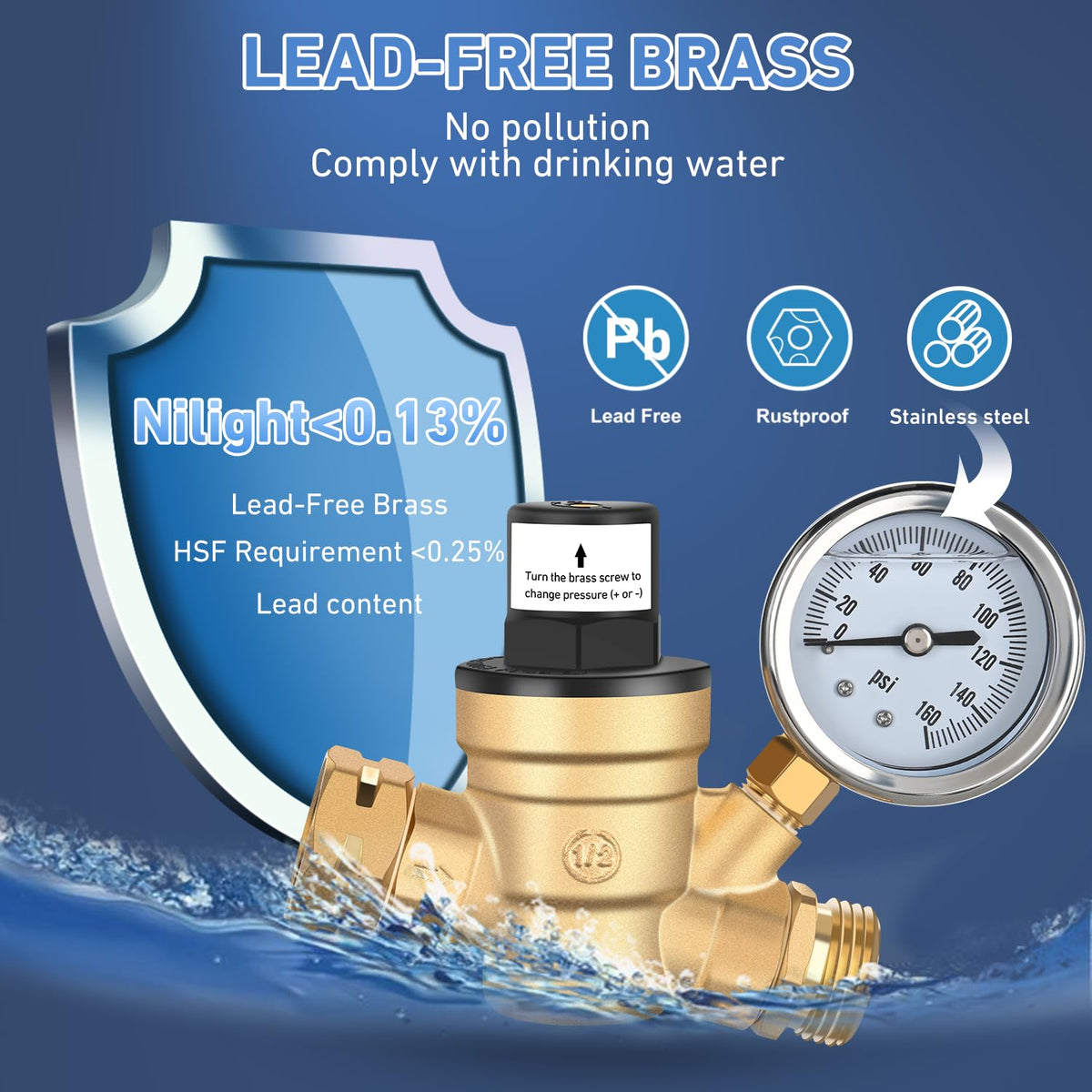 RV Water Pressure Regulator Screwdriver Adjustable Oil Filled Gauge