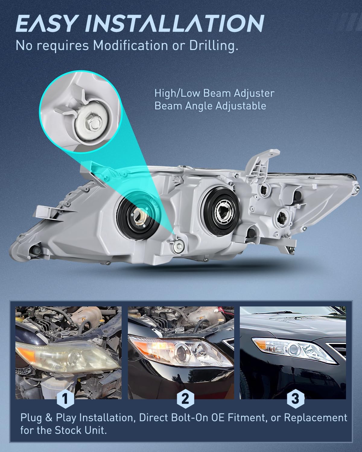 2010 2011 Toyota Camry Headlight Assembly Chrome Housing Amber Reflector Upgraded Clear Lens Nilight