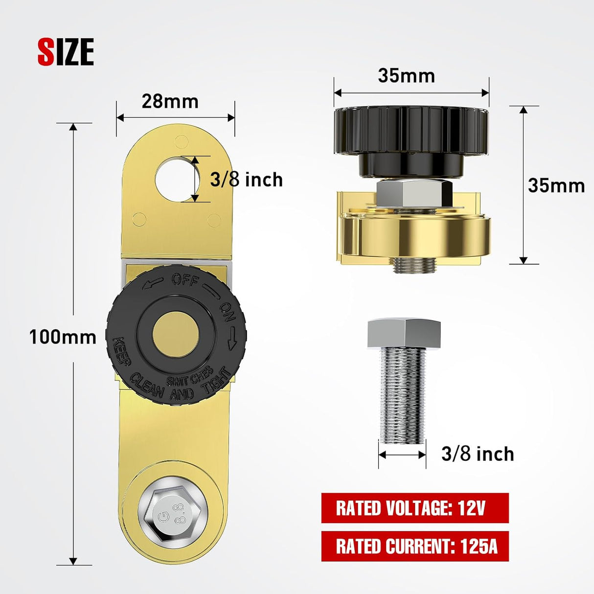 Side Post Battery Switch Heavy Duty 12DVC 125A Negative Kill Power Master Cut Off Isolator with Knob Quick Disconnect for Car Auto Truck Boat RV ATV