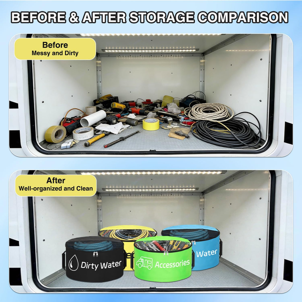 4 Pack RV Hose Storage Bag, Waterproof Utility Bag with Visible Cover & Dual Zipper Closure RV Storage and Organization for Sewer, Fresh Water Hoses Electrical Cords Camper Tools Accessories