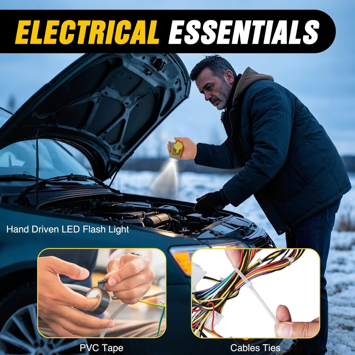 Car Emergency Kit with Jumper Cable Air Compressor Tire Repair Essential Tools First Aid Alligator Connector Electrical Kit for Travel Camping Outdoor Cars Truck SUV RV