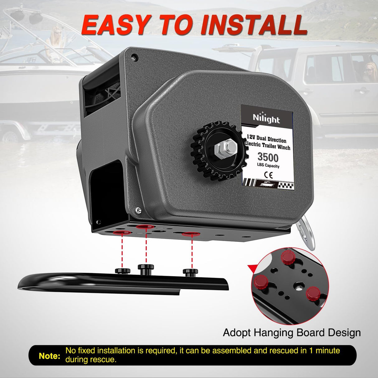 Boat Trailer Winch 3500 lbs Portable Electric Boat Winches 12 V DC Marine Winch with Steel Cable Remote Control & Hand Crank Power-in Freewheel Operat Waterproof Winch for Boat Trailer, Gray