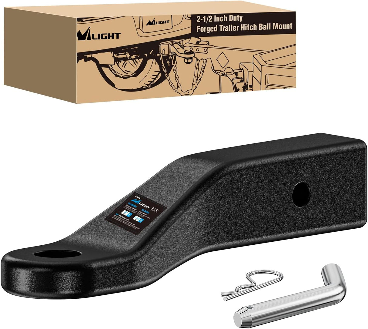 Trailer Hitch Ball Mount Fits 2-1/2 Inch Receiver Square | with 5/8 Inch Hitch Pin Clip 15000 lbs 2 Inch Drop 1/2 Inch Rise, 1-1/4-Inch Hole, Gloss Black Powder Coat