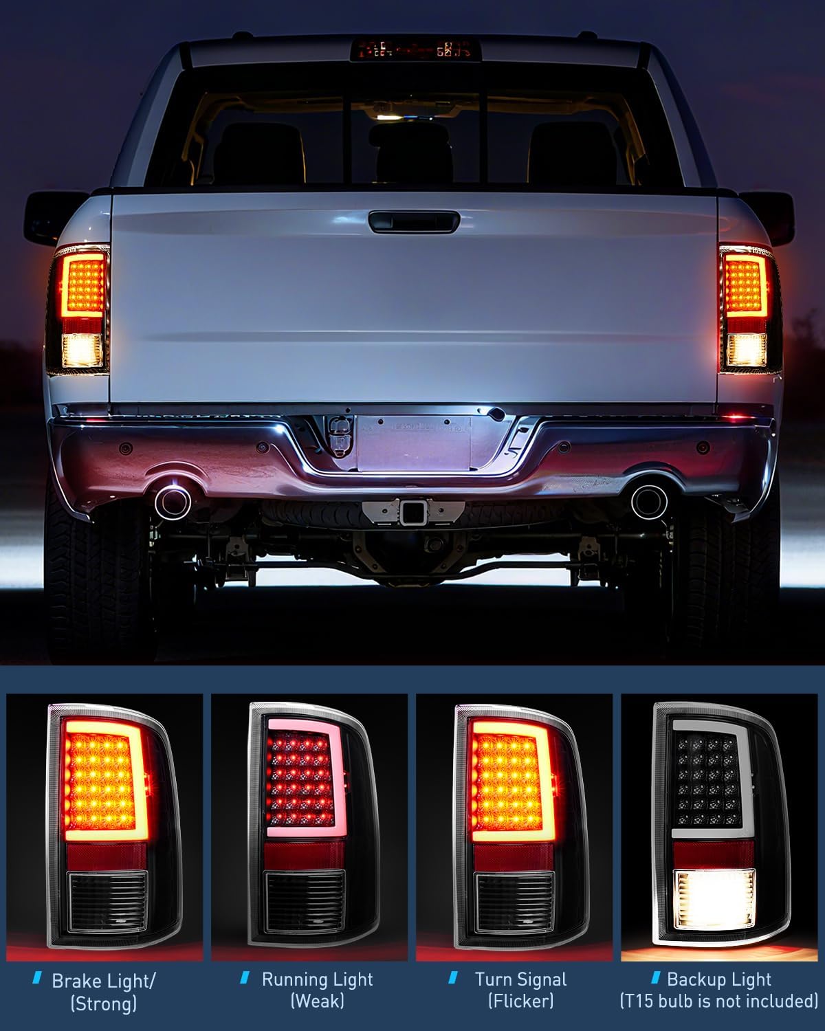 Taillight Assembly Compatible with 2009 2010 2011 2012 2013 2014 2015 2016 2017 2018 Dodge Ram 1500 2010-2018 Ram 2500 3500 Incandescent Type Upgrade LED Tube Tail Lights Rear Brake Lamps