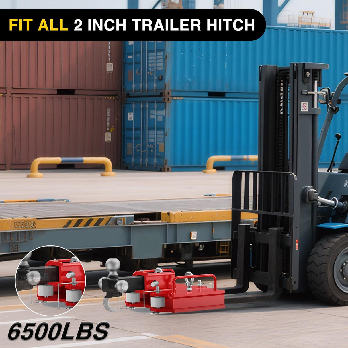 Forklift Trailer Hitch Attachment Fits 2 Inch Receiver 6500 LBS Capacity Clamp on Dual Pallet Forks Forklift Tow Hitch Attachment Universal Forklift Ball Hitch Mount Trailer Towing Adapter