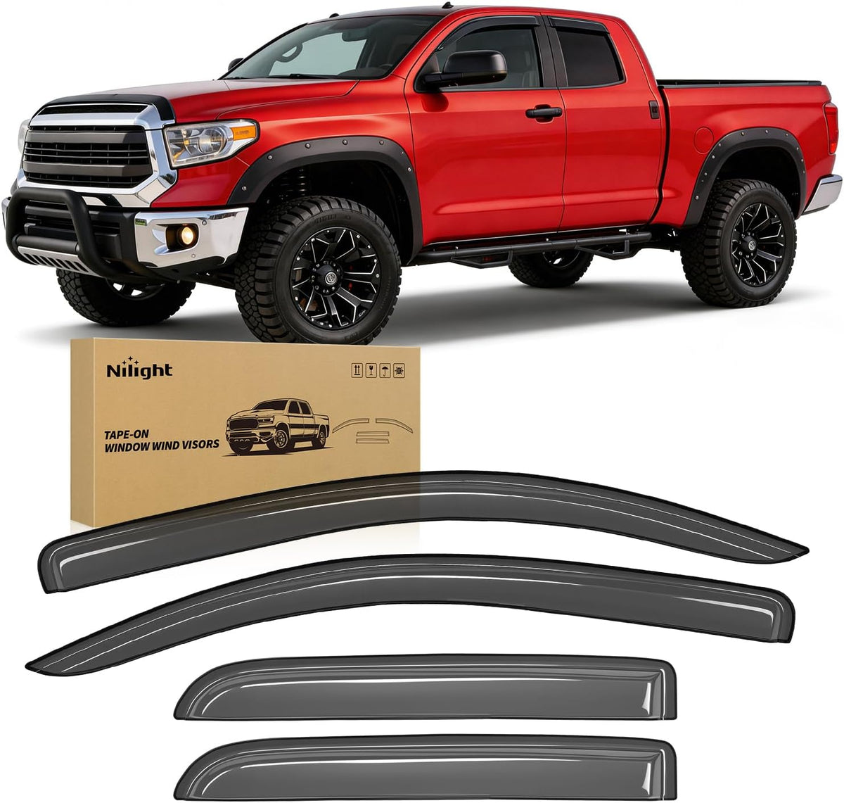 Window Visors for Toyota Tundra Double Cab 2007-2021 | Outside Mount Rain Guards Vent Visors Fresh Air Ventilation, Rain & Sun Protection Smoke Tint, 4PCS