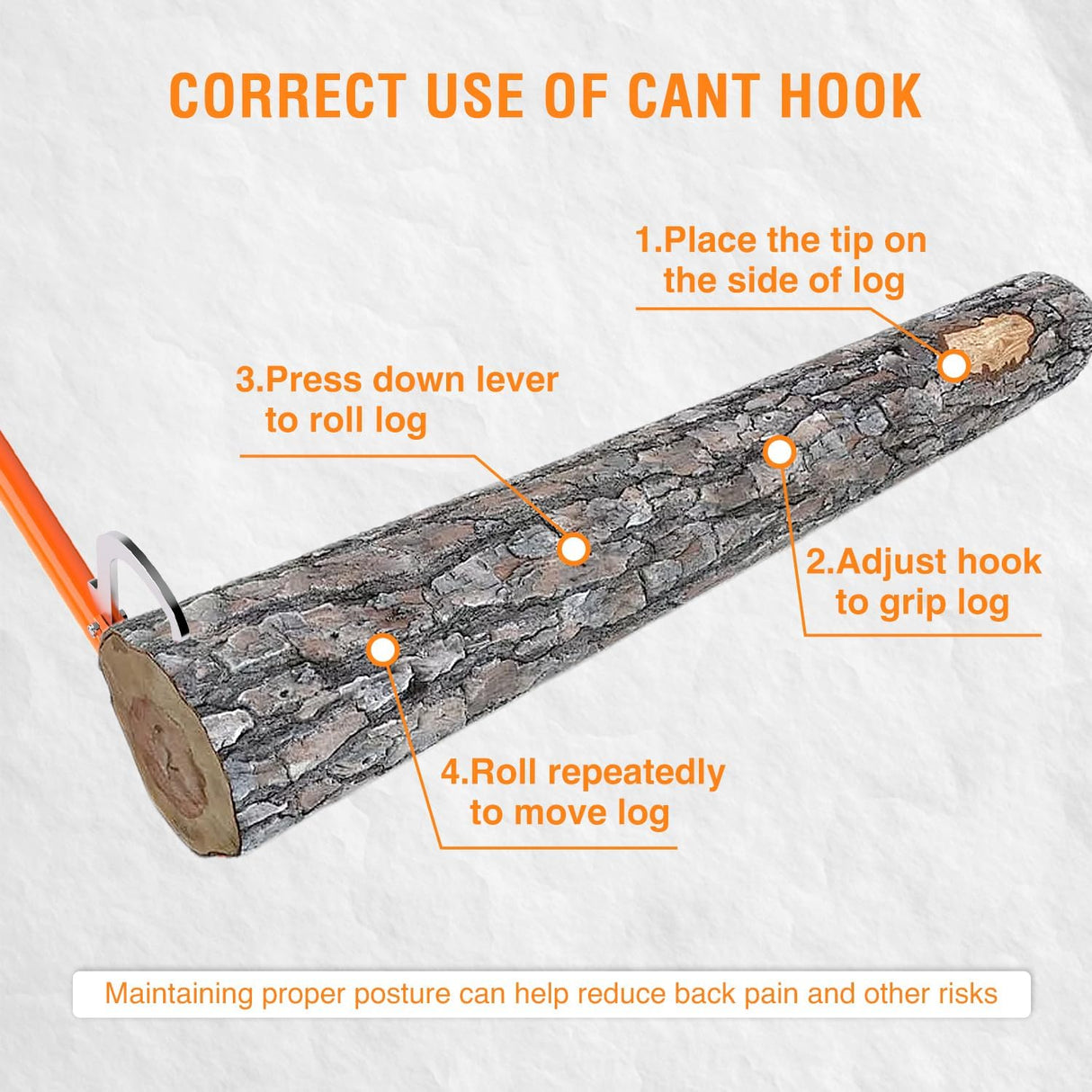60 Inch Cant Hook for Log Roller Logging Tools with Adjustable Steel Cant Hooks & Rubber Grip Heavy Duty Timberjack Log Lifter Mover for Rolling, Raising, Turning Logs up to 32 Inch Diameter, Orange