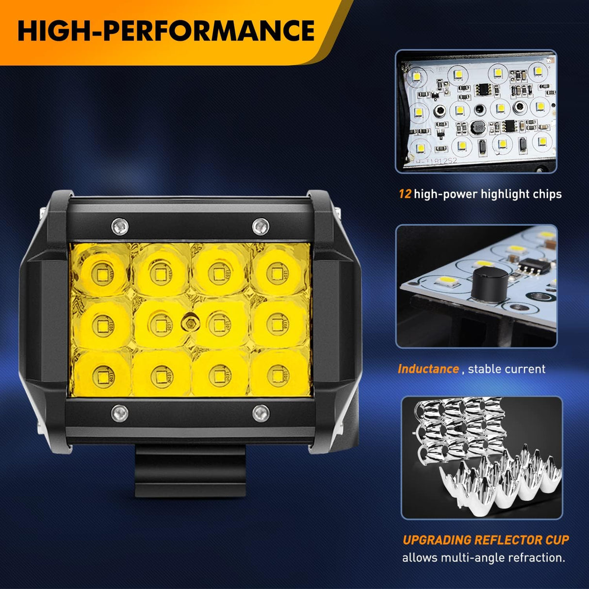 2PCS 4 Inch Amber LED Pods 36W Triple Row Flood Light Bar Fog Light 3600LM Driving Lighting with 16AWG Off Road Wiring Harness-2 Leads for Truck Golf Cart SUV ATV UTV Boat, Clear,Yellow (Auto-650)