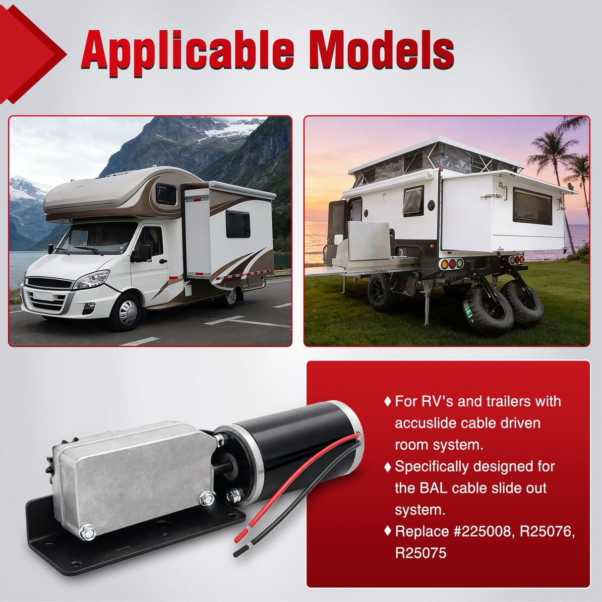 225008 RV Slide Out Motor Gear Housing BAL Accu-Slide R25076 | Replace for R25076-1 R25074 & R25075 400:1 Gear Ratio 13-Tooth Sprocket for Travel Trailer Camper