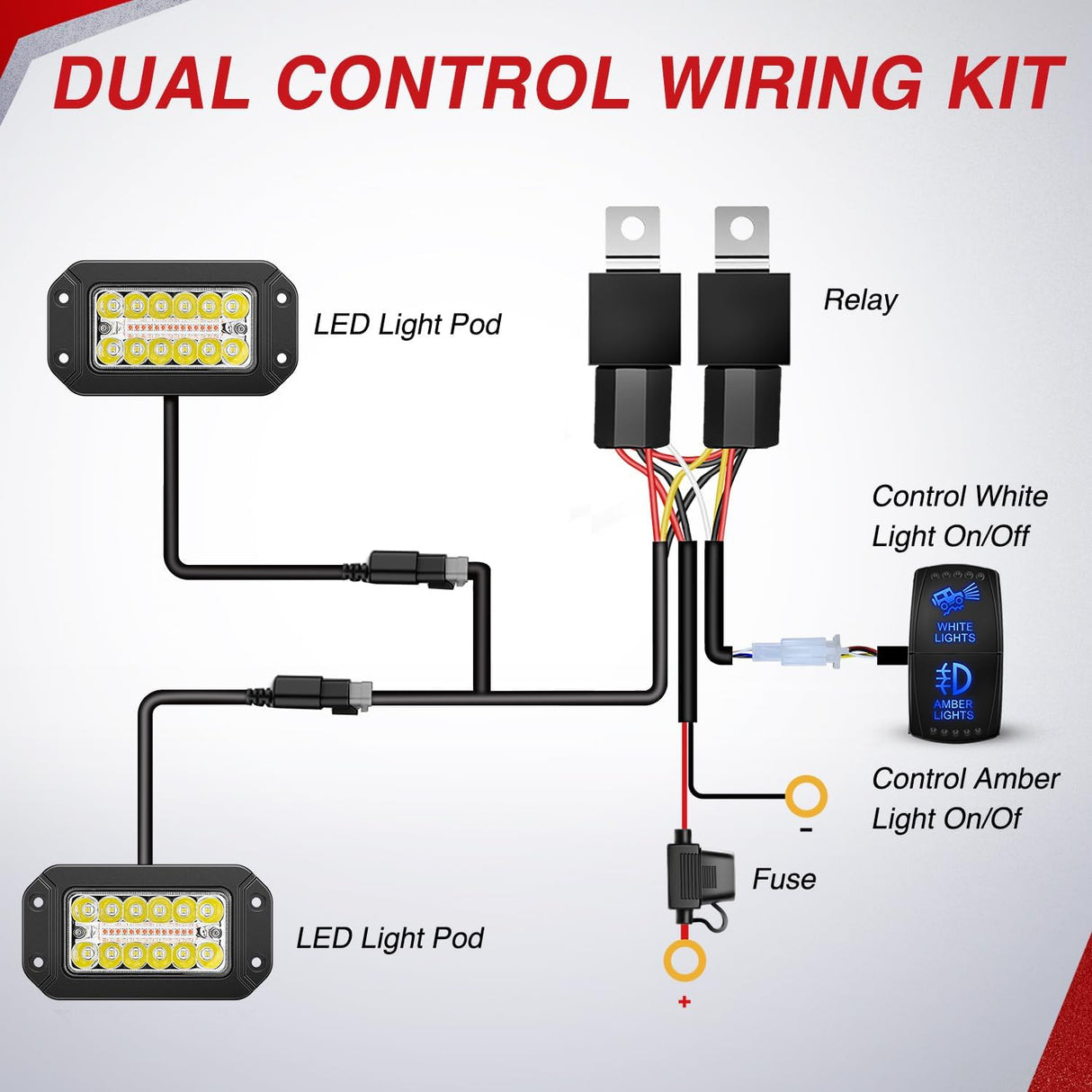 Flush Mount LED Light Pods 2PCS 6 Inch 39W Amber White 3 Lighting Modes Fog Lights Spot Flood Beam with Dual Control 18AWG Wiring Harness for Truck Pickup Golf Cart UTV ATV SUV Boat 4x4 Car