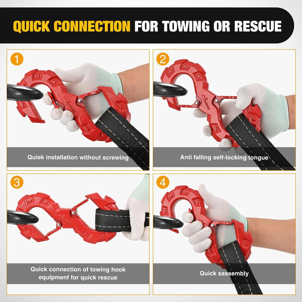 Quick Release S-Tow Shackle Hook – Heavy Duty Off-Road Recovery Hook, Fits Winch Rope & Recovery Strap, 11,000 LBS Working Load, for Jeep, SUV, ATV, Trailers, Forged Steel, Red