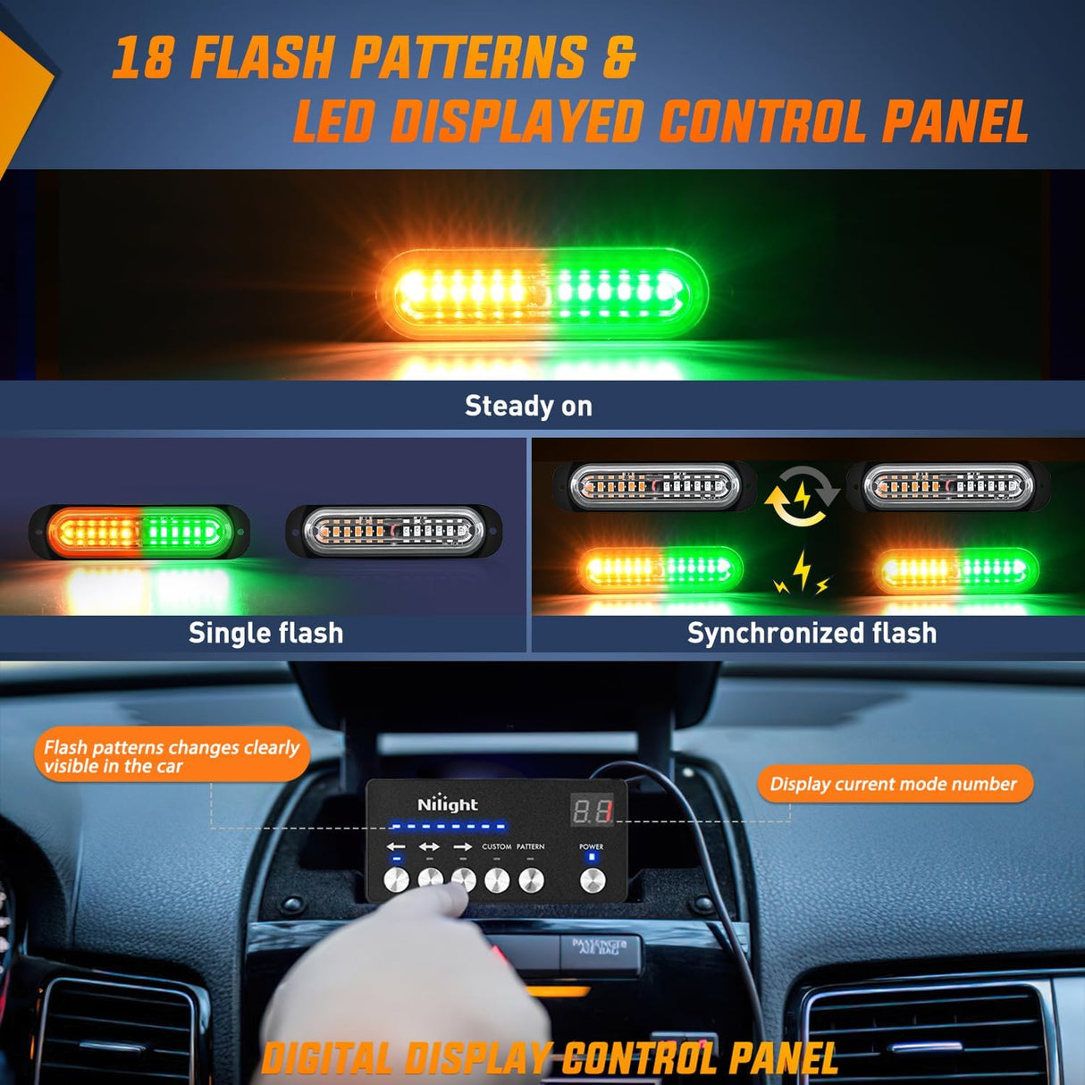 8PCS Led Strobe Lights with Controller 12V 24V Sync Feature Amber Green Strobe Light 12 LED Surface Mount Emergency Hazard Warning Lights with Strobe Controller for Vehicle Car Truck RV ATV