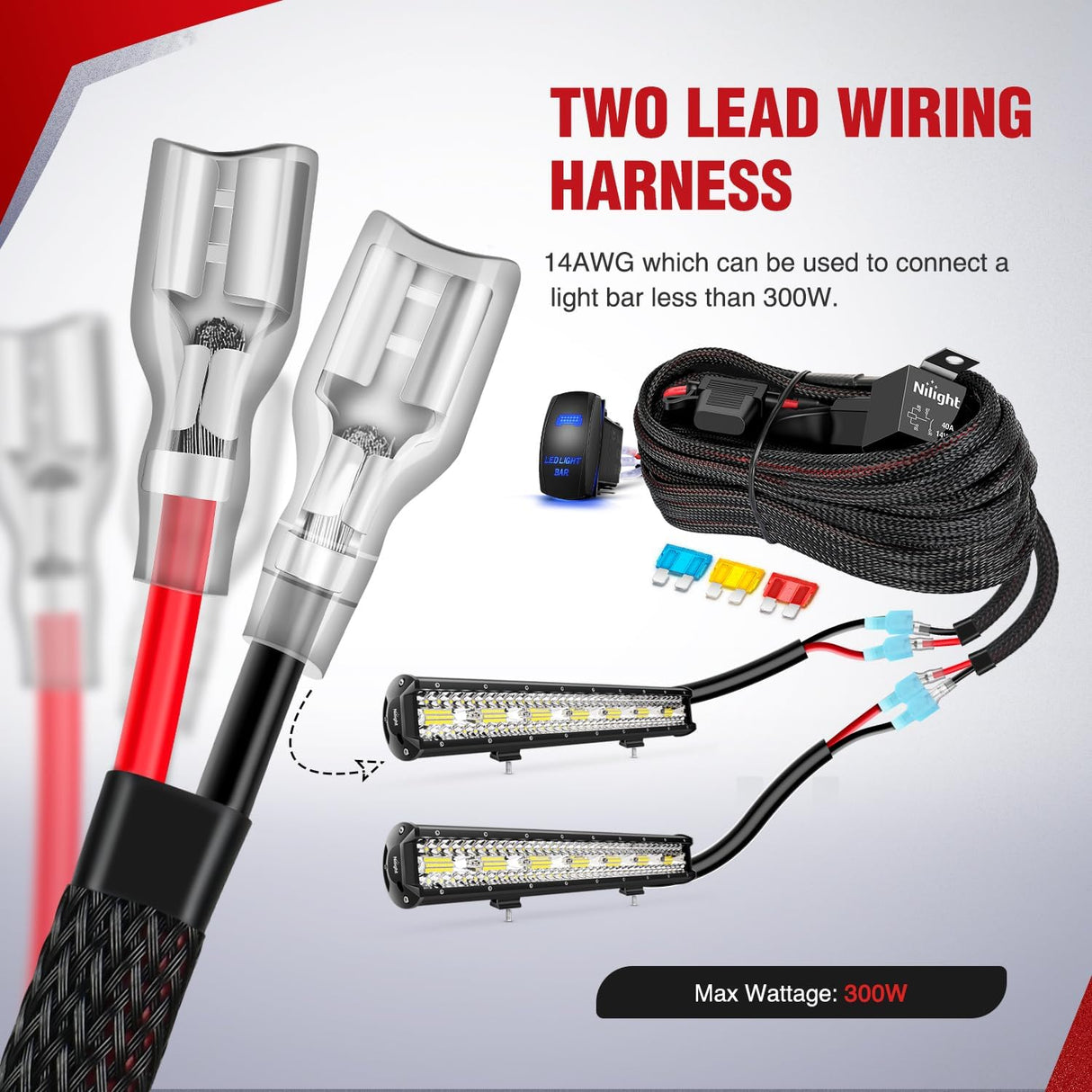 Wiring Harness Kit Nylon 14 AWG 2 Leads 12V 5Pin Rocker Switch Laser On Off Power Relay Blade Fuse for LED Light Bar Off Road Lights on Cars Jeep Boat Trucks