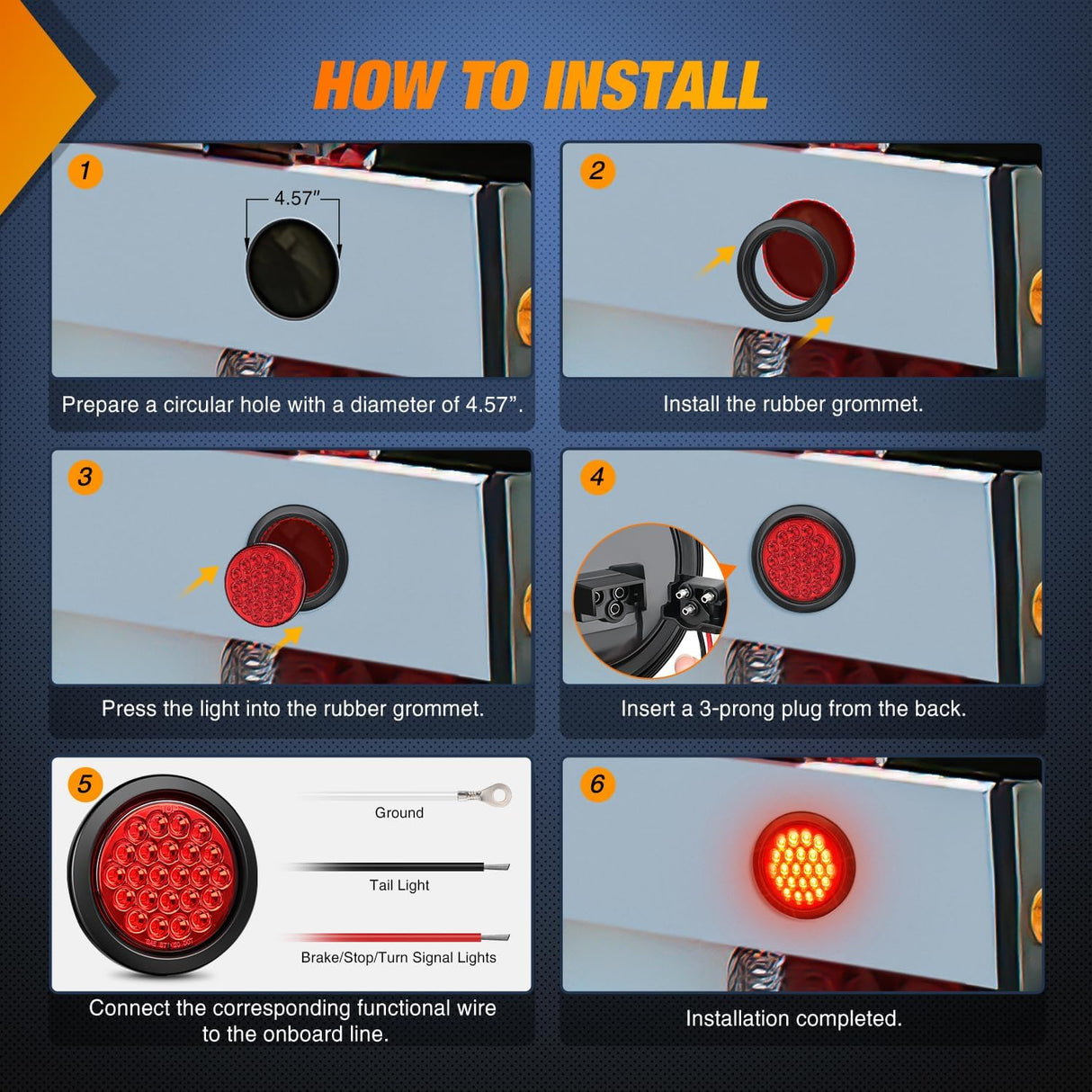 4 Inch Red Round 24Leds Tail Light Flush Mount Grommets 2Pcs Nilight