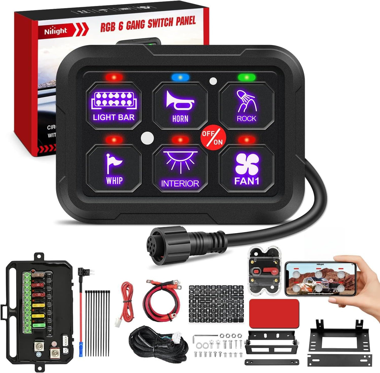 6 Gang Switch Panel 12V 24V Universal Circuit Control Relay System with RGB Backlight APP Control Fuse Wiring Harness Automatic Dimmable ON Off LED Switch Pod for Car Pickup Truck Camper SUV