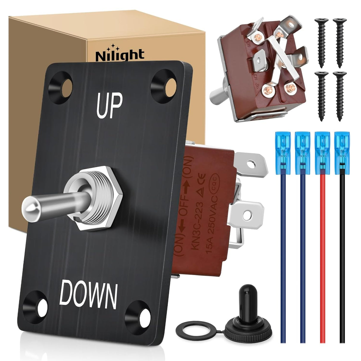 Reverse Polarity Toggle Switch Heavy Duty Momentary Waterproof 4 Pin 3 Position (ON)-Off-(ON) DPDT 12V DC 30A with Up-Down Mounting Panel and Weatherproof Cap for Marine Boat Automotive