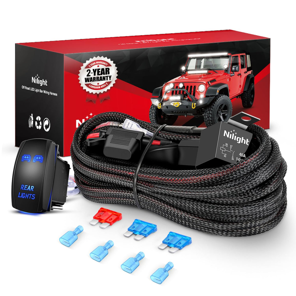 Wiring Harness Kit Nylon 16 AWG 2 Leads Rear Lights 12V 5Pin Rocker Switch Laser On Off Power Relay Blade Fuse for LED Off Road Light Bar on Cars Jeep Boat Trucks