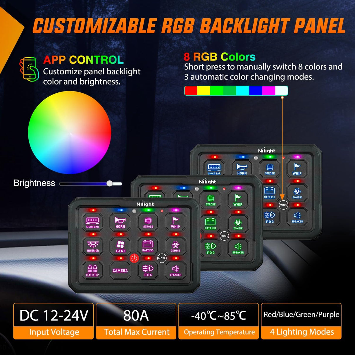 12 Gang Switch Panel Circuit Control Relay System APP RGB Backlight Fuse Wiring Harness Toggle Momentary Strobe Flash Modes Automatic Dimmable 12V 24V for Car Truck Camper SUV