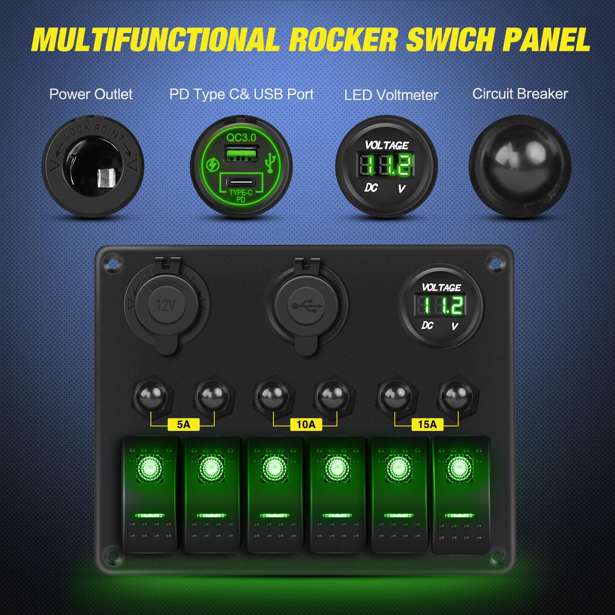 6 Gang Rocker Switch Panel Waterproof Pre-Wired Aluminum Panels with PD Type C and USB Cigarette Lighter Socket Voltmeter 12V 24V ON Off Switches for Car Trucks Boats RVs Green