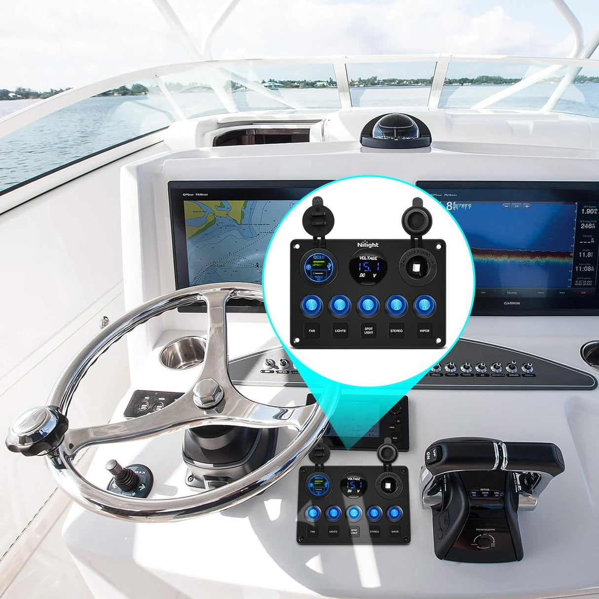 5Gang Multi Function Switch Panel PD Type C USB Charger Digital Voltmeter Nilight