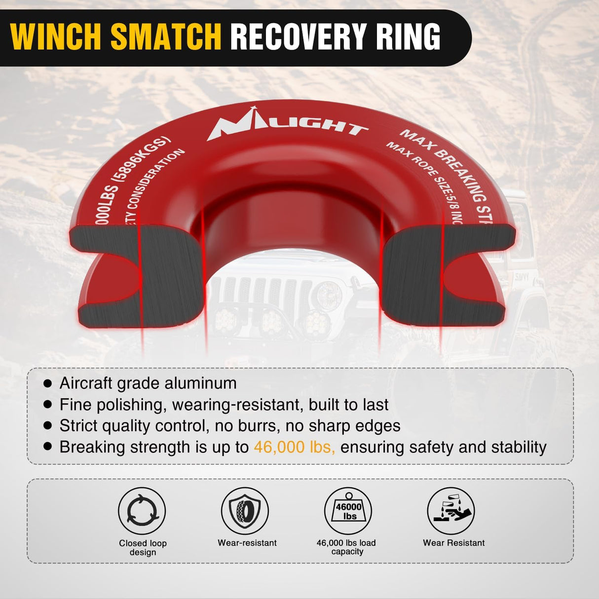 Synthetic Soft Shackle 1/2 Inch x 24 Inch & Recovery Ring Kit - 56,000 LBS Shackle Breaking Strength with 46,000 LBS MBS Snatch Pulley for 4x4 Truck SUV ATV UTV Off-Road Vehicle Extraction (Red)