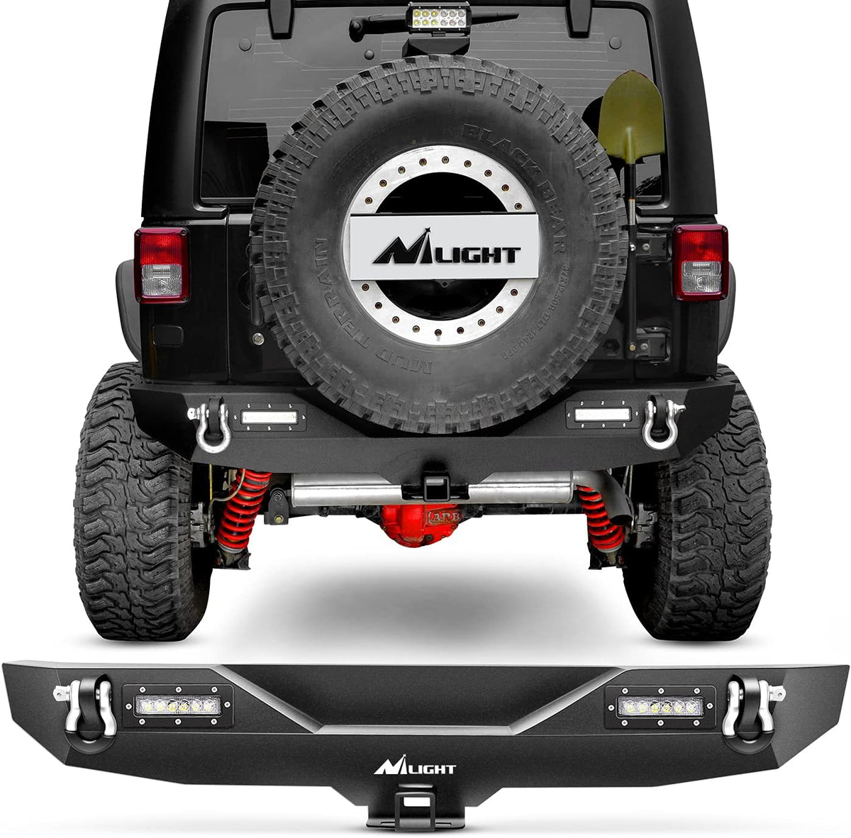 Rear Bumper Compatible for 2007-2018 Wrangler JK,Rock Crawler Bumper with Hitch Receiver & 2X Upgraded 18W LED Lights Off Road Textured Black,2 Years Warranty