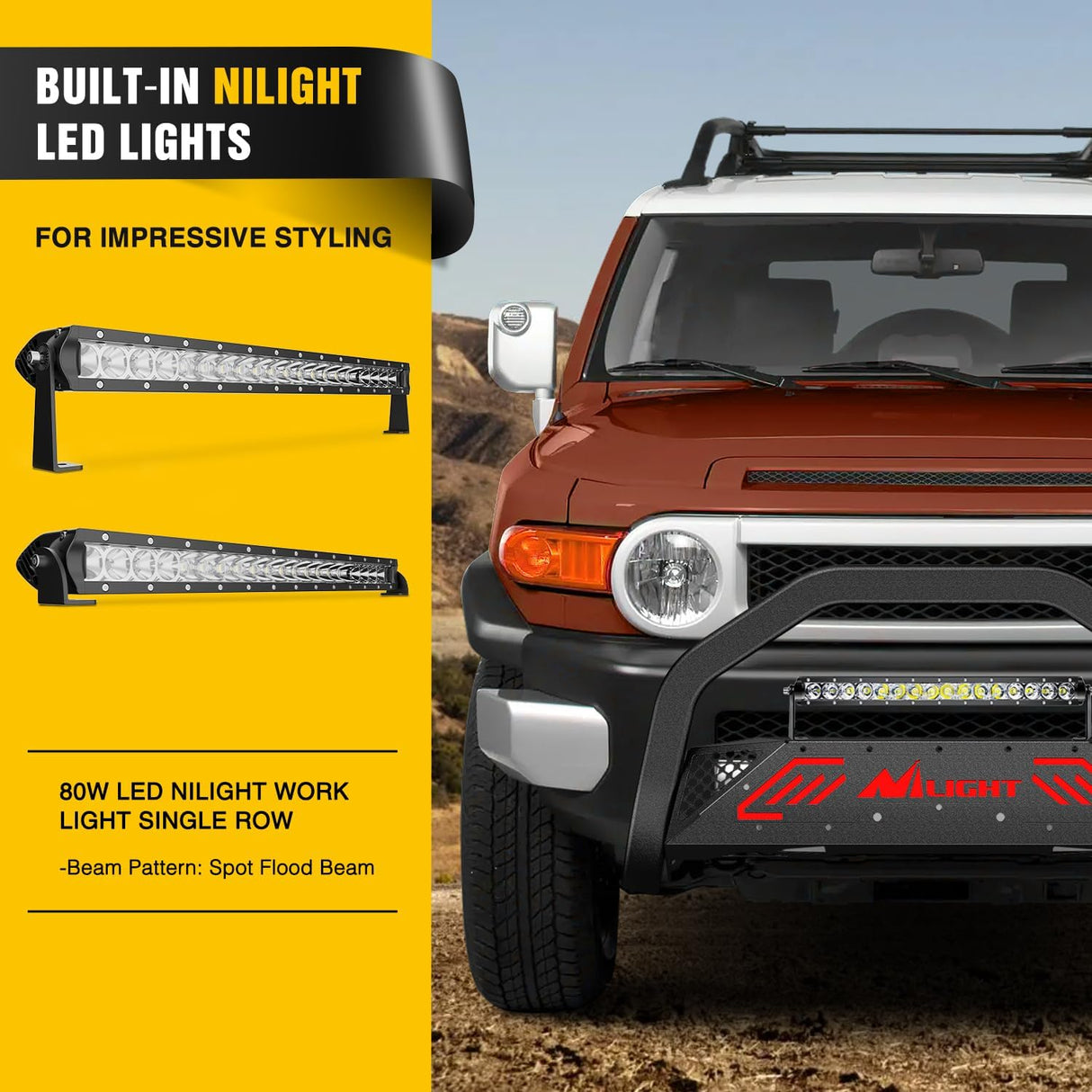Bull Bar with Light Bar&License Plate Hole Compatible with Toyota Fj Cruizer 2007-2014 Truck Brush Guard, Front Bumper Push Bar w/Grille Skid Plate Light Mount