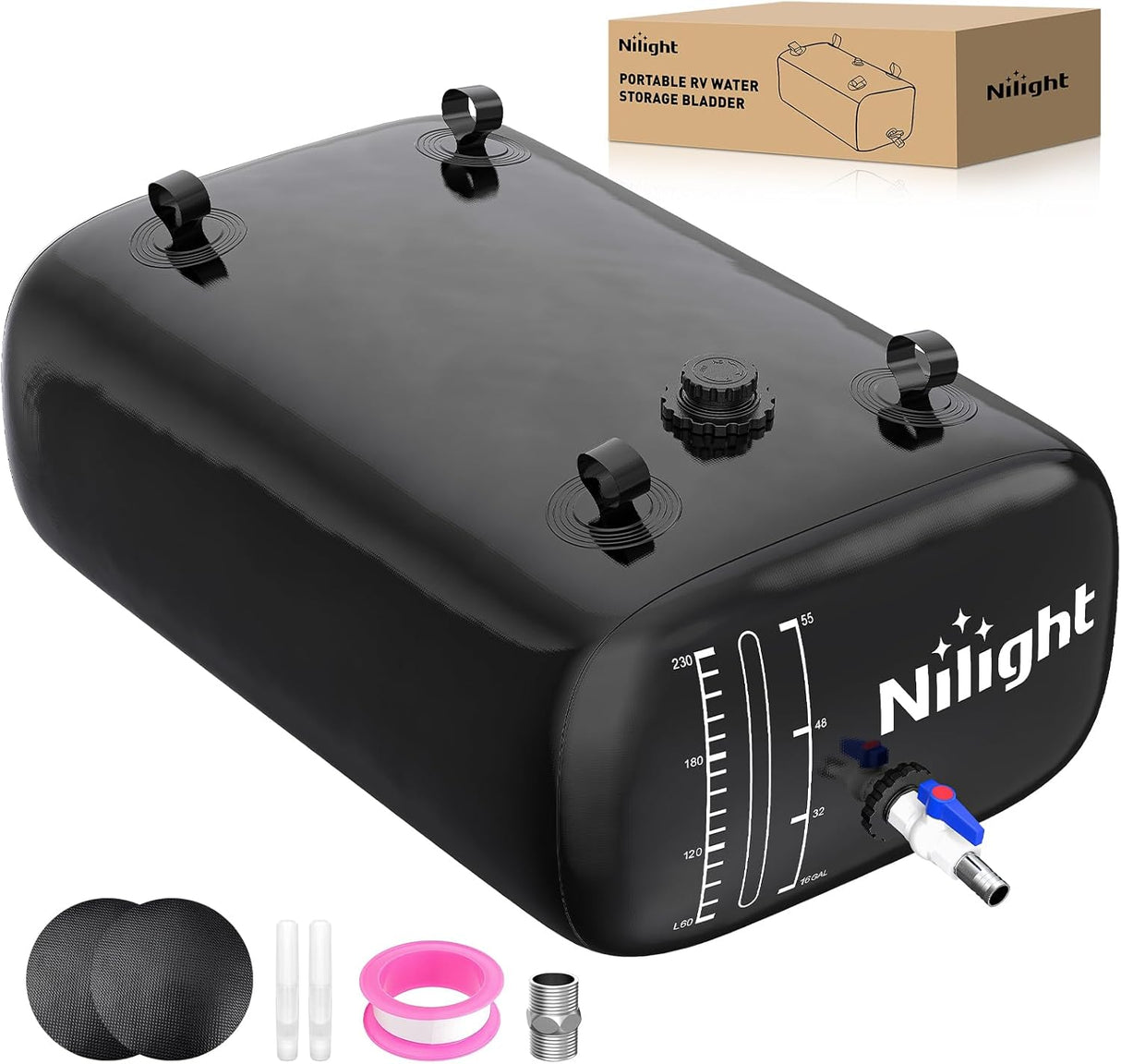 63Gal/240L Water Storage Bladder RV Potable Water Bladder Tank Camping 1000D PVC Foldable Collapsible Water Storage Containers for Truck Bed Carrier Garden Irrigation Emergency Water Use Black