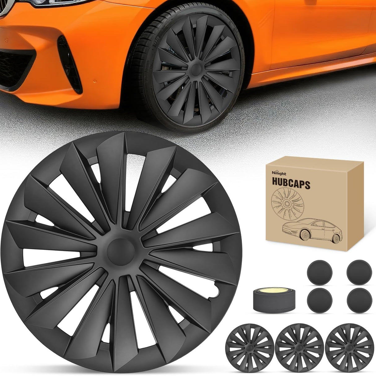 Wheel Cover Hubcaps 19 Inch for Tesla Model Y Accessories 2021 2022 2023 2024 Tesla Model Y 19 Inch Hub caps Set of 4 Rim Protector Wheel Covers Replacement Multi-Spoke Lines Style Matt Black