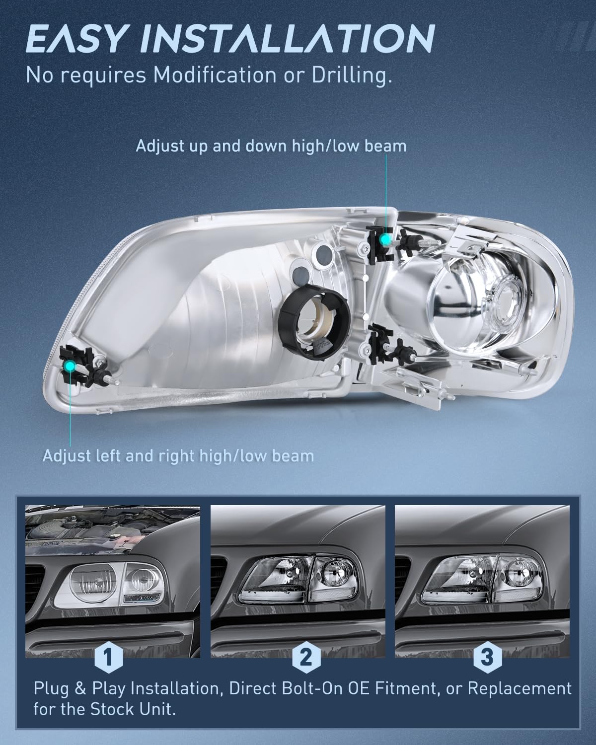 Headlight Assembly Compatible with 1997 1998 1999 2000 2001 2002 2003 Ford F-150 Expedition Chrome Housing Smoked Lens
