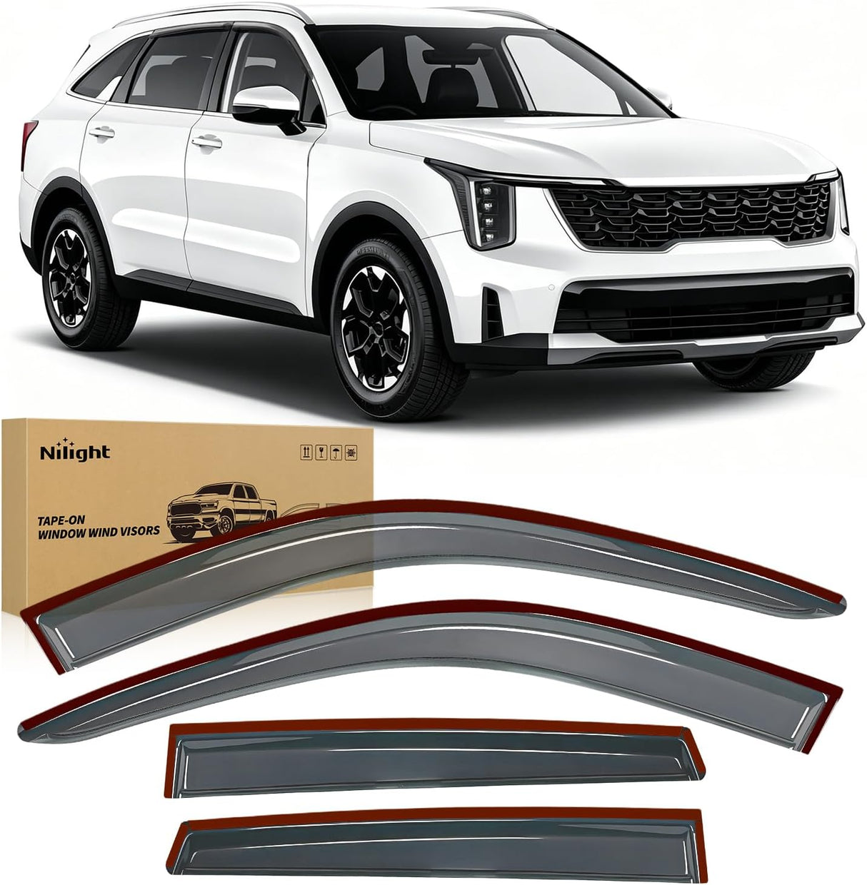 Tape-On Rain Guards for Kia Sorento 2021-2026, Dark Smoke Tinted Out-Channel Window Visors, Vent Deflectors for Fresh Air, Rain & Wind Protection, 4PCS