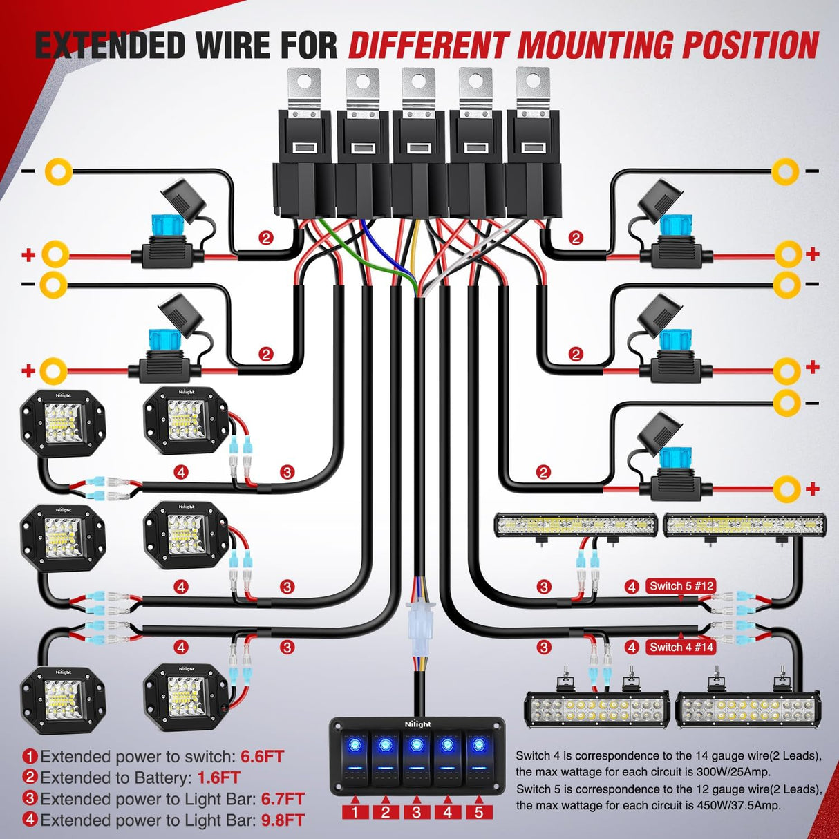 16AWG 14AWG 12AWG LED Light Bar Wiring Harness Kit 12V On/Off 5 Gang Rocker Switch Panel Power Relay Blade Fuse 5Pin Toggle Switches for Cars Boat ATV Trucks-10 Leads