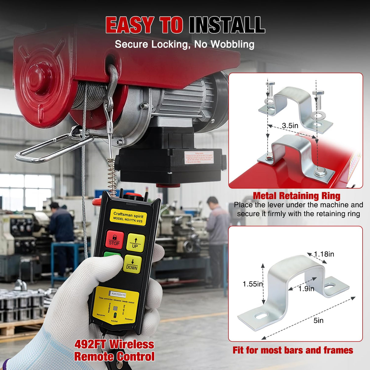1760LBS Electric Hoist 110V Electric Hoist Winch with Wireless Remote Control, Single/Double Slings 39FT Lifting Height Material Handling Tool for Garage Warehouses Factory Attic Ceiling Crane