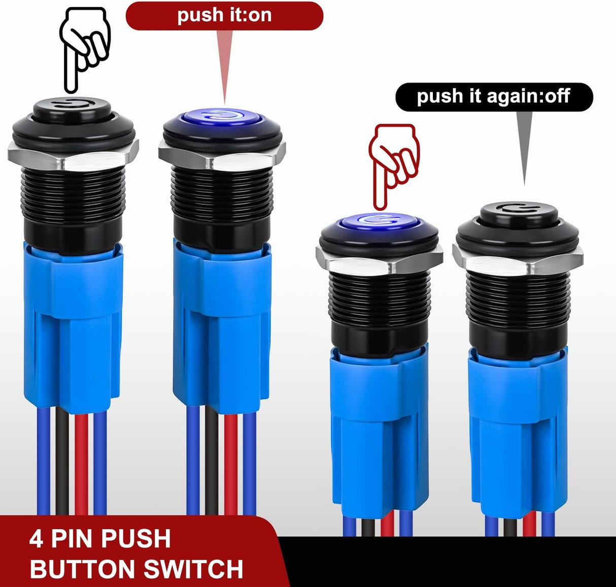 12mm Latching Push Button Switch 6pcs LED Blue Waterproof Small Round Power Button Switches with Pre-Wiring Socket for Car Truck Boat Marine RV Vehicle