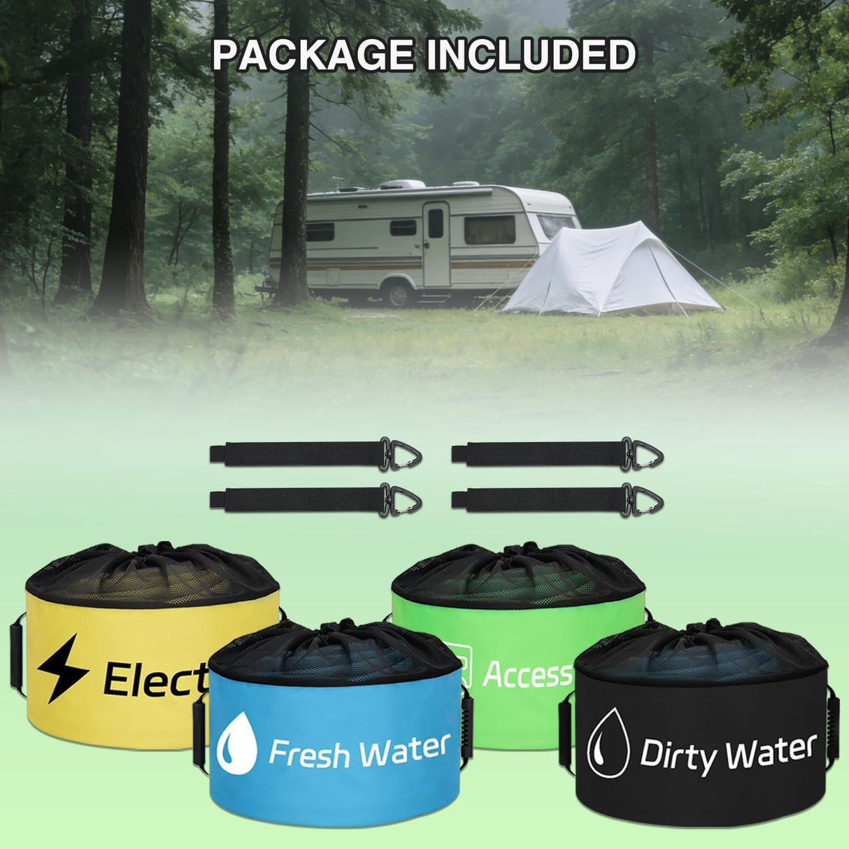 4 Pack RV Hose Storage Bag, Waterproof Utility Bag with Drawstring Mesh Top RV Storage and Organization Bags Container for Sewer, Fresh Water Hoses Electrical Cords Camper Tools Accessories
