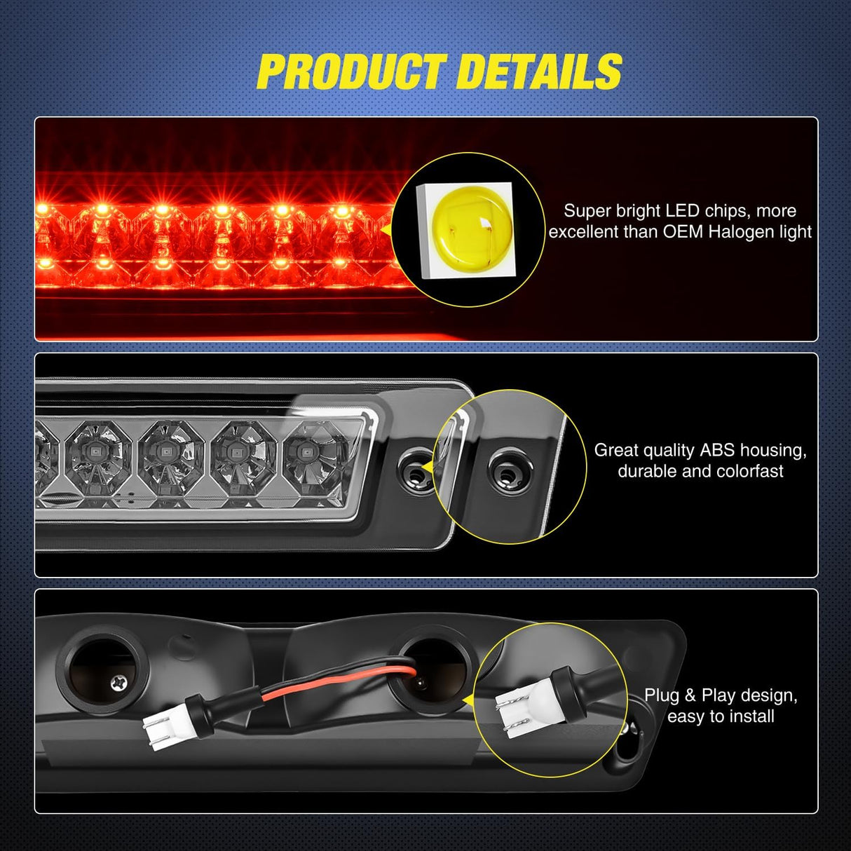 Third Brake Light for Ford Mustang Hatchback 1987-1993 with Spoiler | for Ford Mustang LX Hatchback 1987 1988 1989 1990 1991 1992 1993 with Spoiler Version, High Mount 3rd Stop LED Lamp, Smoked