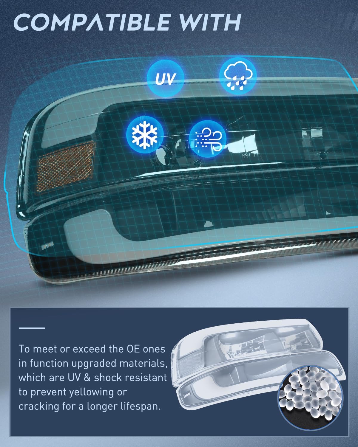 LED DRL Headlight Assembly for 1999 2000 2001 2002 Chevy Silverado 1500 1500HD 2500 2500HD 3500 Chevrolet Tahoe Suburban Replacement Headlamp Smoked Lens Black Housing Amber Bumper Lights Set