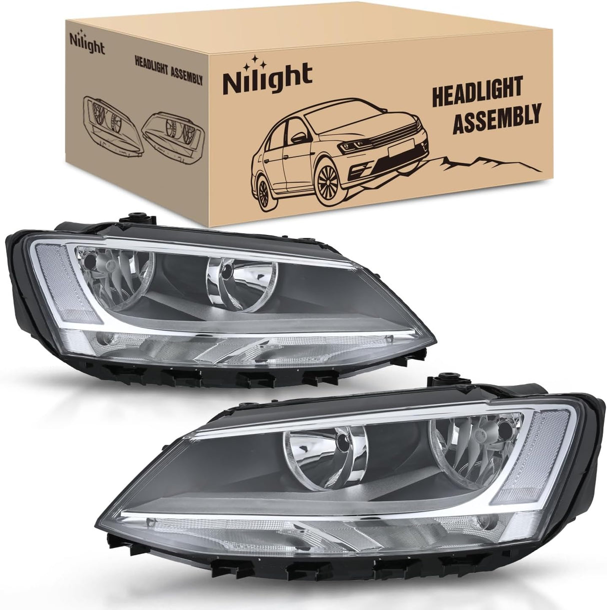 Headlight Assembly Compatible with 2011-2018 Volkswagen Jetta MK6 | 2011-018 Volkswagen Jetta MK6 OE Style Replacement Chrome Housing Clear Reflector Halogen Headlamps