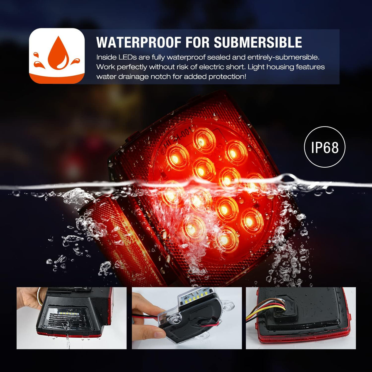 LED Trailer Light Kit 2 PCS Square Stop Turn Tail Side Marker Lights Steel Mounting Box License Plate Bracket Submersible IP68 For 12V Utility Boat Camper RV Truck