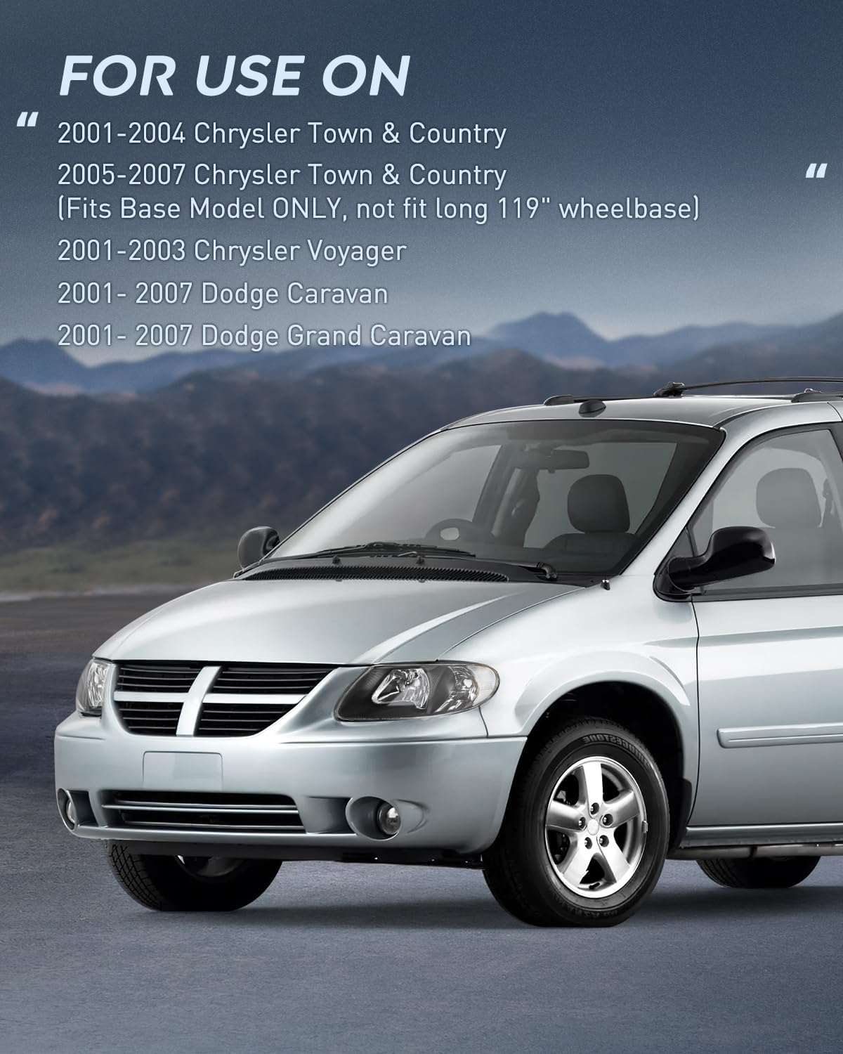 2001-2007 Chrysler Town & Country 2001-2003 Voyager 2001-2007 Dodge Grand Caravan Headlight Assembly Black Case Clear Reflector Nilight