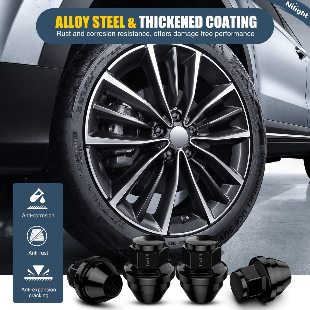 20PCS M14x1.5 Lug Nuts Compatible with 2015-2023 Ford Mustang/Edge | for 2020-2023 Explorer 2022-2023 Maverick One-Piece Solid Black Steel OEM Factory Wheel Nuts Replace