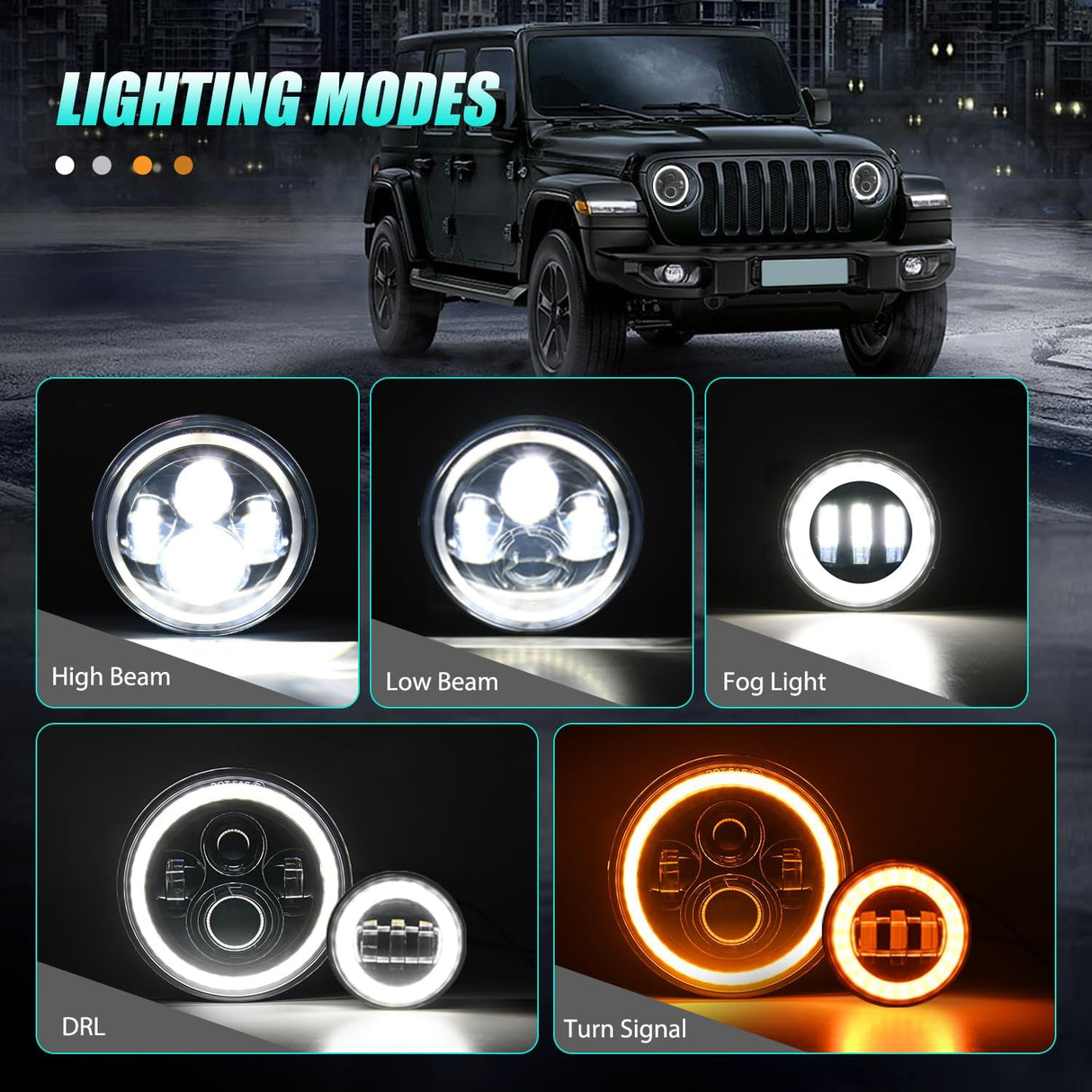 7 Inch Round LED Halo Headlights and 4 IN Fog Lights w/Turn Signal Amber White DRL High Low Beam Compatible with 2007 2008 2009 2010 2011 2012 2013 2014 2015 2016 2017 2018 Wrangler JK JKU