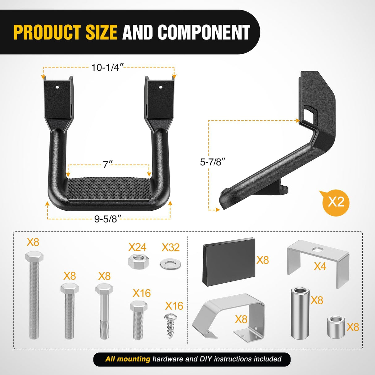 Universal Side Step Slip-Proof Aluminum Side Hoop Steps Nerf Bars Assembly Black 4 Pcs for Chevy (Chevrolet) Ford Toyota GMC Dodge RAM (Drilling Required)