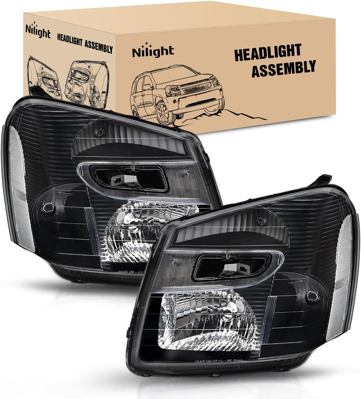 Headlight Assembly Compatible with 2005 2006 2007 2008 2009 Chevy Equinox SUV OE Style Replacement Headlights Black Housing Clear Reflector Headlamp Passenger and Driver Side