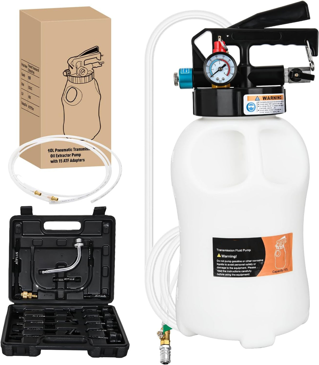 Transmission Fluid Pump Kit 10L Automotive Pneumatic Oil Fluid Extractor ATF Refill Dispenser Transfer Pump with 15 ATF Filler Adapters 2.6 Gal 2 Way Vacuum Fluid Evacuator Oil Change Tool Set