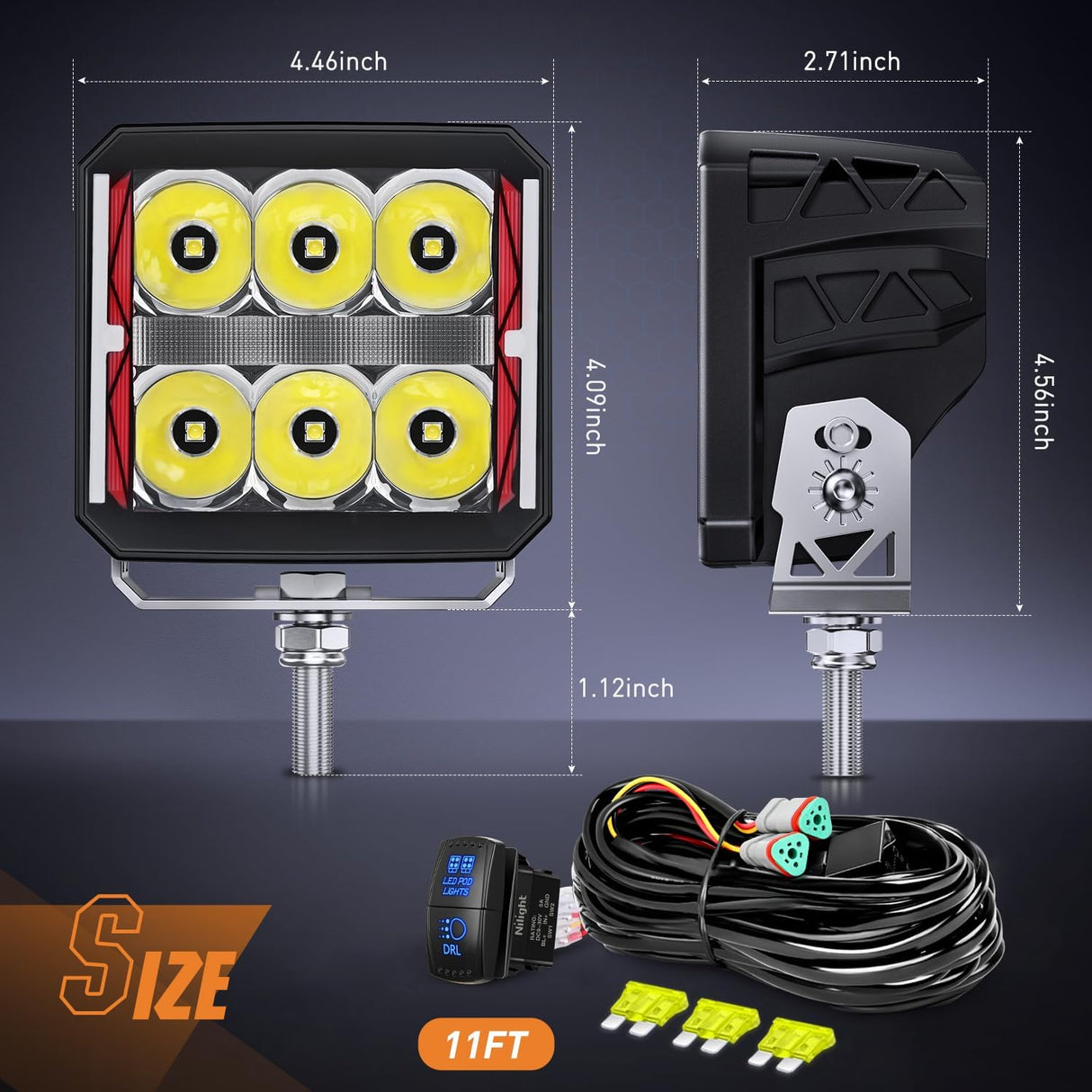 LED Pod Lights Heated Lens with Amber DRL 4 Inch 60 W Square Super Spot Light 16AWG Wiring Harness Kit for Offroad Driving Light Anti Freeze Function LED Work Lights for Truck UTV ATV SUV Jeep