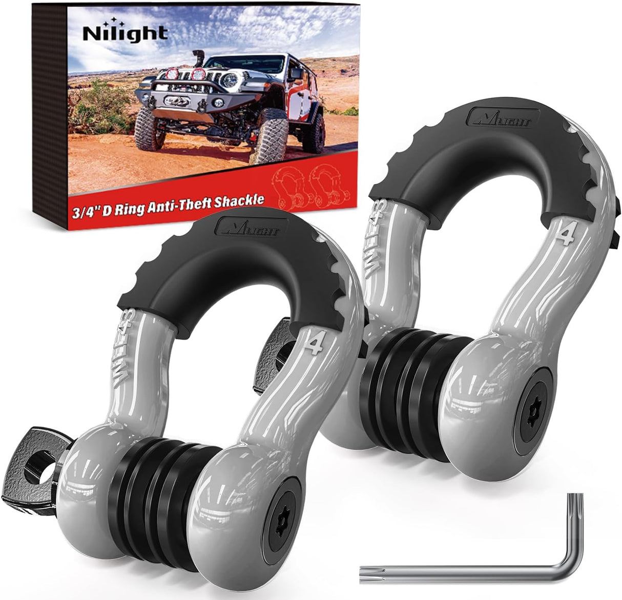 3/4 Inch D Ring Anti-Theft Shackle Tow Hook Jeep Truck SUV ATV UTV | Off Road Recovery Gear 19T 41,887 lbs Break Strength 4.75T WLL Rust-Resistant Anti-Rattle Isolators Heavy Duty Grey 2pack